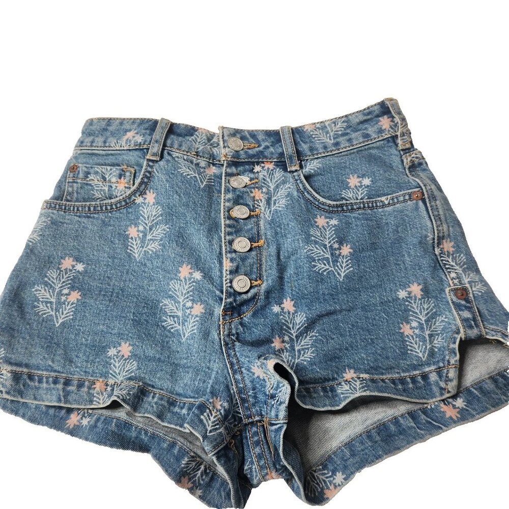 Anthropologie Blue Denim Jean Shorts with Pink Floral Print - Picture 1 of 8